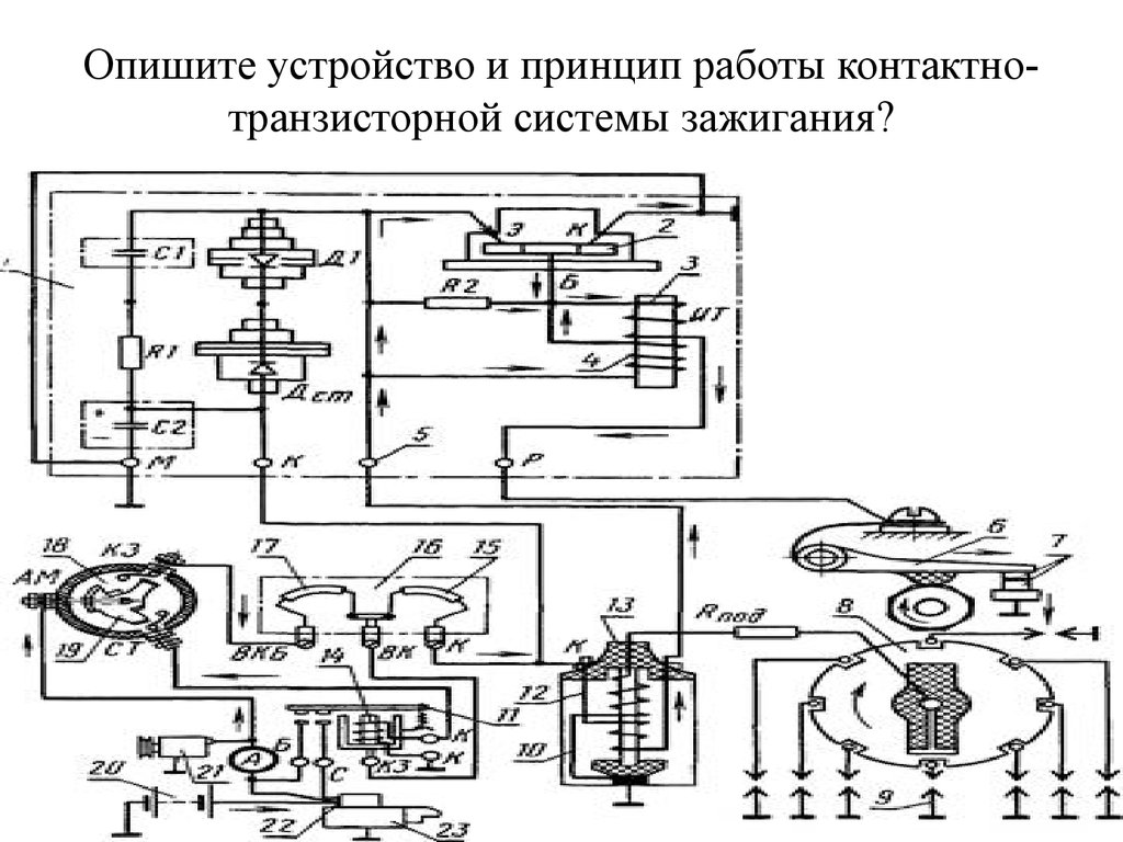 Контактно транзисторные схемы. Схема контактно транзисторной системы зажигания автомобиля. Контактно транзисторная система зажигания ГАЗ 53. Контактно-транзисторная система зажигания схема. Принципиальная схема контактно-транзисторной системы зажигания.