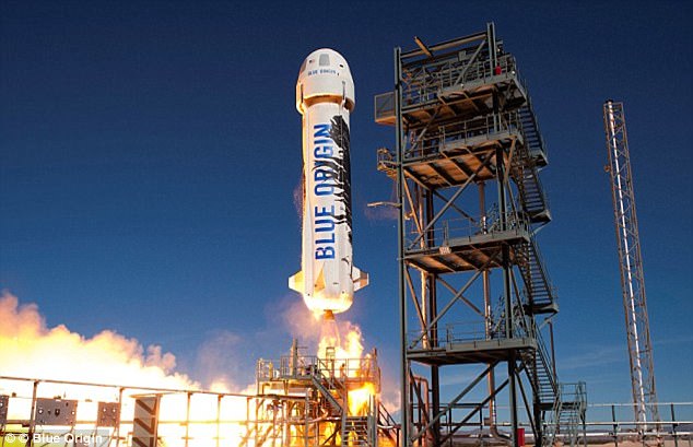 Blue Origin is currently developing a BE-4 engine for its New Glenn rockets (pictured) that the firm plans to test in just three years. Jeff Bezos said: 