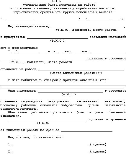 Акт о состоянии алкогольного опьянения образец