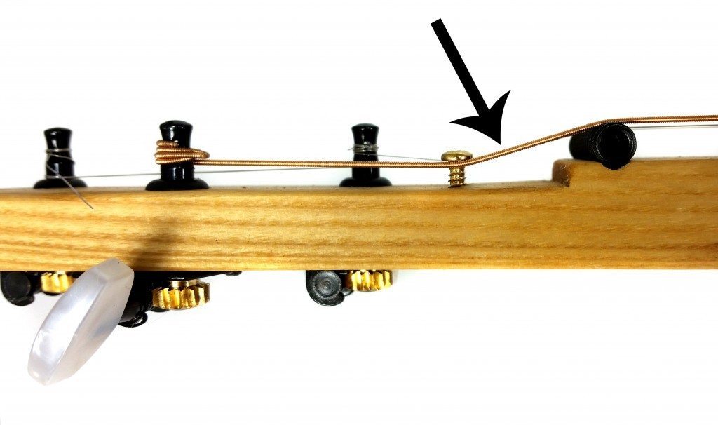 This photo shows how retaining screws can be used to adjust the "break angle" of the strings - the angle at which they cross over the nut/zero fret. While this photo shows an unfretted cigar box guitar that uses a threaded rod nut, the same concept applies to a guitar using a zero fret.