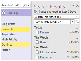 Screenshot of the date range search results in OneNote 2016.