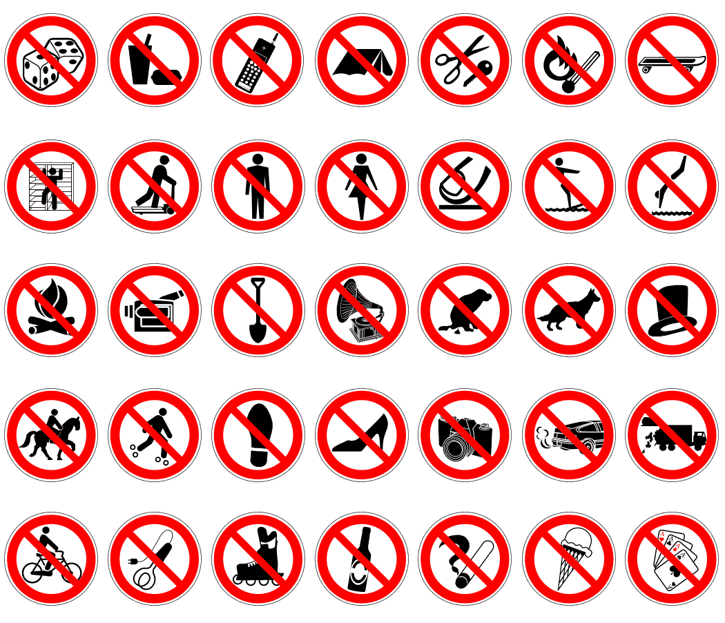 Правила поведения знаки для детей. Запрещающие знаки. Различные запрещающие знаки. Знак запрета. Запрещающие и предупреждающие знаки.
